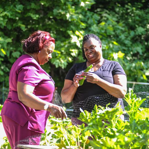 Two women are standing in a garden and one is holding a plant.