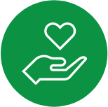 A green circle with a hand holding a heart.